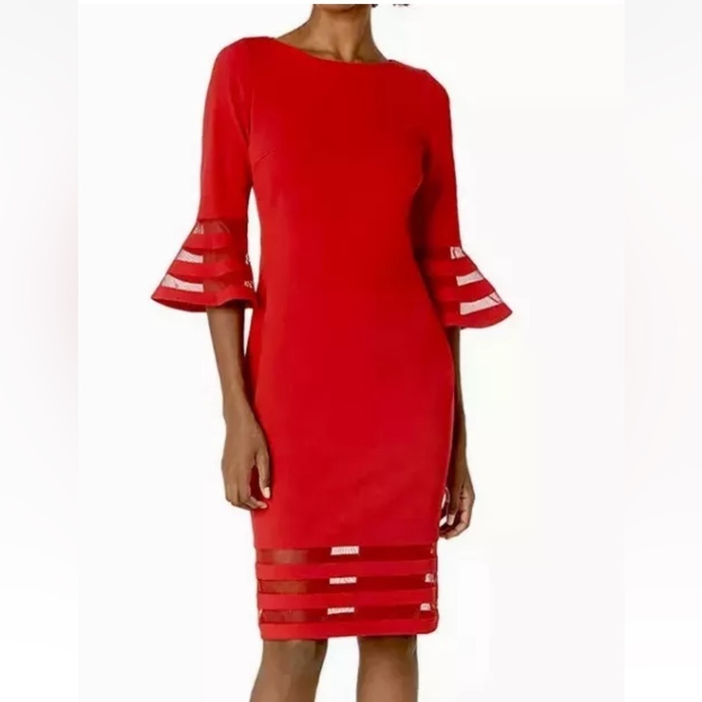 NWT Calvin Klein Mesh Illusion-trim Bell Sleeve Scuba Crepe Sheath Dress Red 18W - Picture 4 of 10